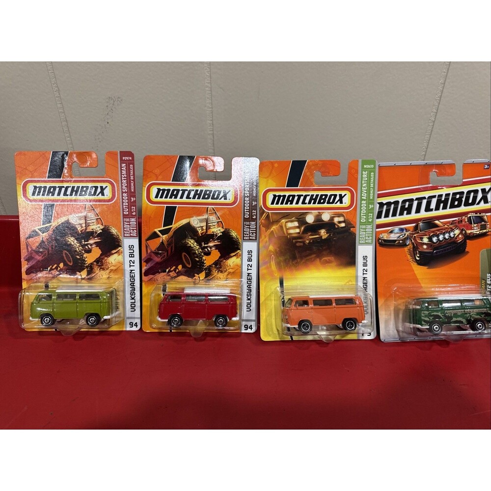 Lot Of 4 Matchbox Volkswagen T2 Bus - green/camo ,red, orange Outdoor Sportsman
